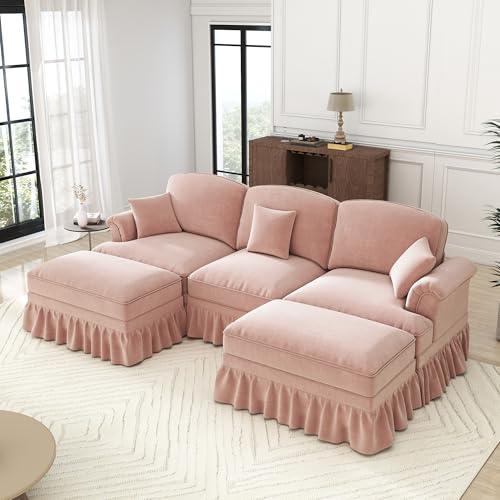Ligterra Wohnlandschaft U Form, Modulares 3 Sitzer Sofa, mit 2 Ottomane, Trichter-Armlehnen, Abnehmbarer Rüschenschürze & Beweglichem Hocker, Chennille-Stoff, 272×140×93cm (Rosa)