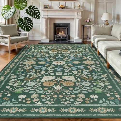 Homcomodar Boho Grün Teppich Wohnzimmer 160x230cm Blumen Waschbarer Teppiche Kinderzimmer Kurzflor Vintage Teppich rutschfest Weich Teppiche für Schlafzimmer Wohnzimmer Esszimmer Büro