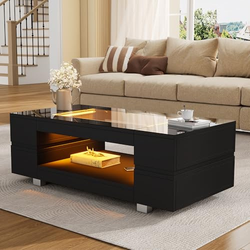 VIVCA Schwarzer LED-Couchtisch mit Bluetooth-App-Steuerung, doppelschichtiger Hochglanz-Hohldesigntisch, geeignet für Partys, Büros, Wohnzimmer