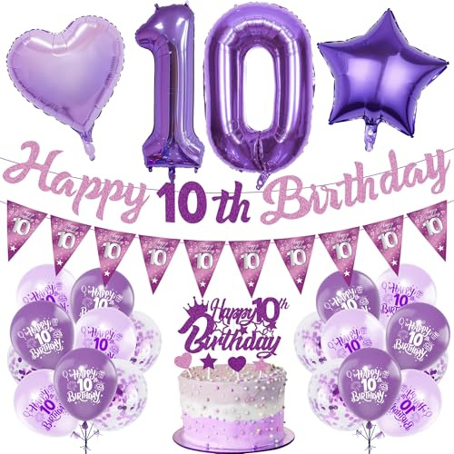 Geburtstag 10 Jahre Mädchen Luftballon - 29 Stück Deko fur Mädchen | Violett Deko mit Banner Folienballon Zahl Girlande Tortendeko und Flaggen für Mädchen 10 Geburtstag Party