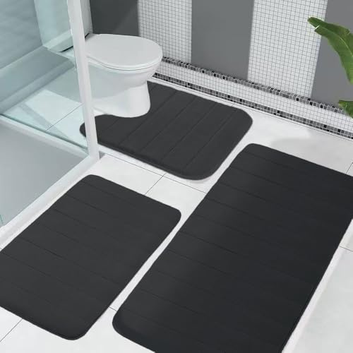 MOFXWHE Badematte Set 3-teilig aus Memory Foam, Badezimmerteppich,Weich Badematte und U Förmige WC Vorleger, Badteppich Saugfähige Badvorleger,Waschbar Badvorleger Set für Dusche,WC & Badewann,Schwarz