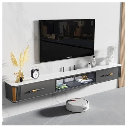 Mediaconsole Meuble TV flottant sous TV avec grand espace de rangement, console multimédia flottante de luxe moderne, porte battante en verre et plateau de bureau, 4 couleurs pour le stockage (gris