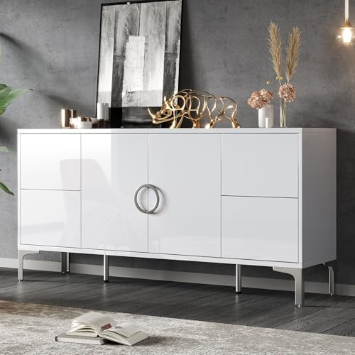 Jaxenor Hochglanz-Sideboard mit 4 Schubladen, Buffetschrank mit 2 Schranktüren, Modern Wohnzimmerschrank mit Metallstützfüße, Aufbewahrungsschränke für Wohnzimmer, Esszimmer & Flur, Weiß