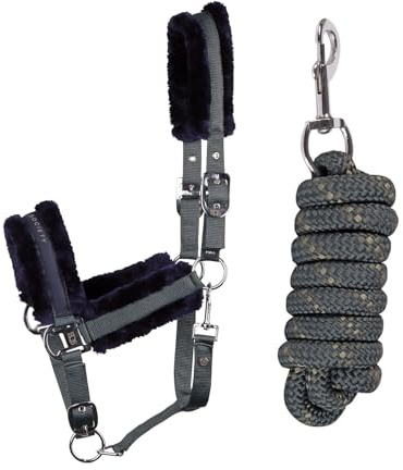 JA Horse JA4003 Comfort Halfter Set Karabinerhaken, Navy/Navy, Cob | Comfort Pferdehalfter mit Kunstfell Führstrick Set, verstellbar mit Karabinerhaken für Pferd Holzpferd
