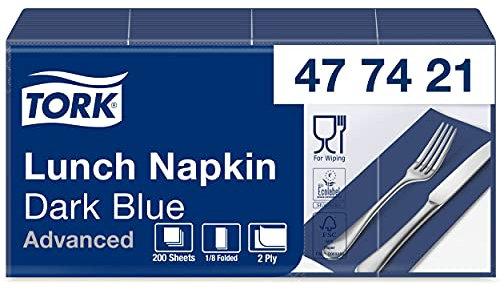 Tork 477421 Lunchservietten Dunkelblau 1/8 Falz / 2-lagige, vorgefaltete Papierservietten für Snacks oder kleine Gerichte / Advanced Qualität / 10 x 200 (2000) Servietten / 32,6 x 33 cm (B x L)
