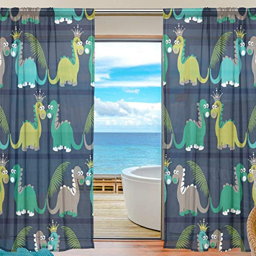 Yibaihe Mnsruu süße Dinosaurier-Vorhänge, 213 cm lang, Tüll, Voile, Fenstervorhang, für Wohnzimmer, Schlafzimmer, 2 Bahnen