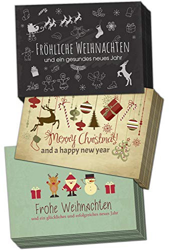 30 Weihnachtskarten und 30 Umschläge im Set (3 verschiedene Motive) Vintage Modern Weihnachten Grußkarten im Postkarten Format