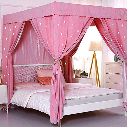 Niedliche Prinzessin Hohle Sterne Rosa 4 Eckpfosten Betthimmel Vorhang Schlafzimmer Dekoration wie Sternenhimmel für Erwachsene Mädchen Jungen Betthimmel Kinderbett (Pink, King)