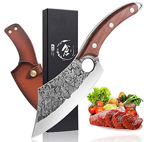 Dream Reach Hackmesser mit Holzgriff,Scharfe Ausbeinmesser Kochmesser Profi Messer Handgeschmiedet Full Tang Metzgermesser mit Lederscheide Fleischerbeil für Küche Grill Ausflug Full Tang