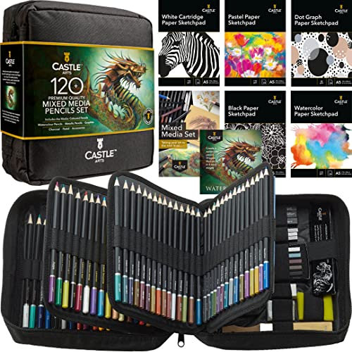 Castle Art Supplies Juego de medios mixtos | Colección de lápices de arte de más de 120 colores - Acuarela, pastel, metálico, grafito, carbón | Libertad creativa para artistas adultos, coloristas | en
