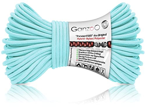 Ganzoo Paracord 550 Seil hell blau, 4mm, Typ 3, Nylon Polyester, Hybrid, Armband, Hunde-Leine, Hunde-Halsband knüpfen, ca. 250kg Bruchlast, Outdoor Rope, Camping Schnur, Allzweckseil, 30 Meter