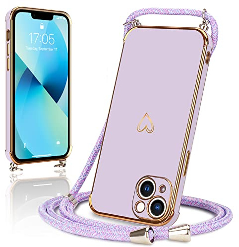 Micoden Handykette für iPhone 13 Hülle Necklace mit Band Herz Design | Kameraschutz Handyhülle Herz Design Galvanik Dünn Silikon Case Bumper Kordel zum Umhängen Stoßfeste Schutzhülle, Lila