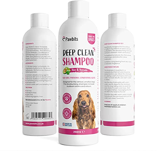 Pawbits Deep Clean Dog Shampoo & Conditioner for Smelly Dirty Dogs & Puppies – With Avocado B5 Aloe Vera. A Long Lasting Deodorising & Moisturising Shampoo – UK Made Cruelty Free 250ML