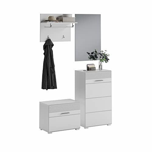 xonox.home Garderobe Linus 4tlg. Set Garderobenkombination Garderobenschrank Garderobenmöbel Flurmöbel-Set Flursystem Stauraumlösung in Front weiß Hochglanz Korpus/Absetzung weiß