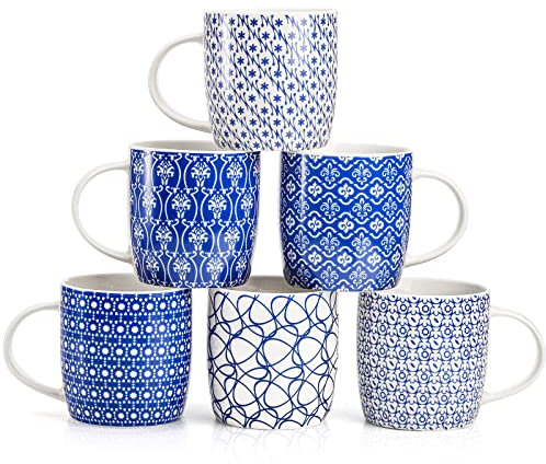 Okllen 6 Pack 360 ml Kaffeebecher mit Geometrischen Mustern, Keramik Kaffeebecher Stilvolle Teetassenbecher Set Geschenk für Latte, Cappuccino, Milch, Wasser, Kakao, Müsli, Blau und Weiß