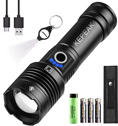 KEPEAK Torcia LED Ricaricabile, Torcia LED Potente Professionale 5000 Lumens Zoomable con Batteria da 3200mAh e 3pcs AAA, 5 Modalità Torcia Tattica Impermeabilità per Campeggio Emergenza Trekking