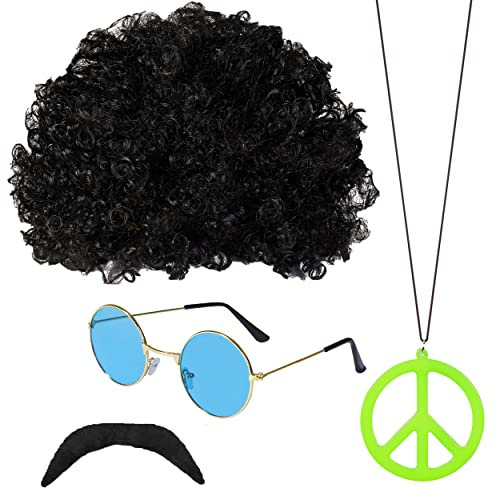 Hippie Accessories - Costume Hippy Anni '70, Collana con Segno di Pace Anni '60, Set di Accessori Funky Afro, Bicchieri Rotondi Lennon Baffi e Collana della Pace, Accessori Anni '70