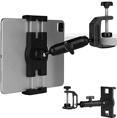Under Cabinet Tablet Mount, Kitchen Tablet Holder iPad Mount for Desk/Table/Board/Chair,Compatible with 4.7~12.9 iPad/Nexus/LG G Pads/e-Reader/Switch/iPhone,360° Adjustable Aluminum Alloy Arm Stand