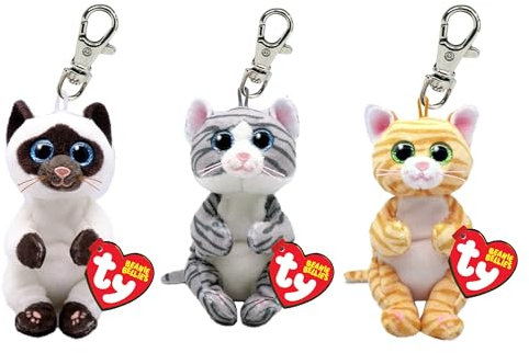 TY Beanie Bellies – Mango Cat, Miso Cat, Mitzi Cat – 3-teiliges Set Stofftier-Schlüsselclip – Weicher Plüsch-Schlüsselanhänger, Teddy-Schlüsselring, Sammelspielzeug für Kinder-Rucksack