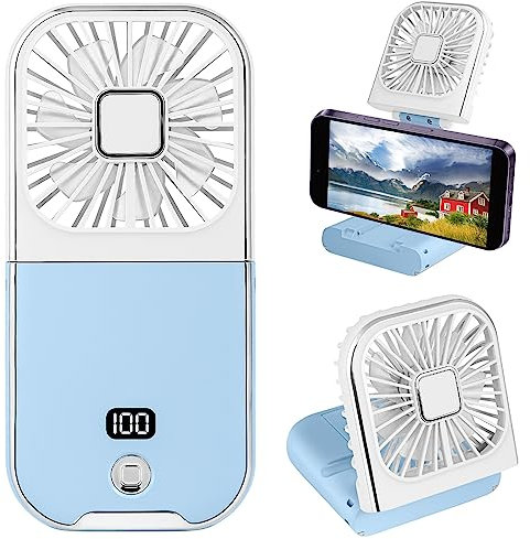 Folding Handheld Fan with LED Display, Mini Portable Personal Fan USB Rechargeable Power Bank Fan Neck Fan, Battery Powered 180° Foldable Desk Fan Cooling for Office Home Travel Camping (Blue)