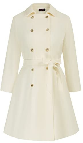 Hanna Nikole Wollmantel Damen Herbst Große Größen Zweireihiger Wollmantel mit Taschen Gürtel Langarm Mittellanger Trenchcoat Elfenbein 54