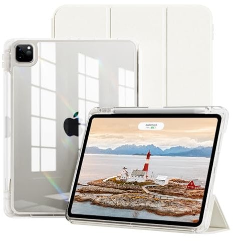 JKSML Neue Hülle für iPad Pro11 Zoll (4./3./2./1. Generation) 2022/2021/2020/2018 mit Stifthalter,2 in1 Abnehmbare Abdeckung mit Schiebeschublade,Transparente Rückseite, Auto Schlaf/Weck, Beige Weiss