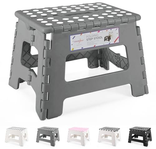 HOUSE DAY Sgabello pieghevole in plastica leggera, sgabello pieghevole da 22,9 cm, per bambini e adulti, sgabello pieghevole antiscivolo, per cucina, camera da letto, doccia e bagno, grigio freddo