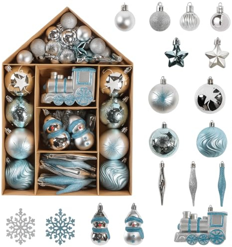 70-Piece Christmas Bauble Set – Light Blue & Silver Tree Decorations | 18 Varieties | 70 Pre-Tied Ornaments | Shatterproof Xmas Baubles | Elegant Winter Wonderland Christmas Decor for Home & Tree