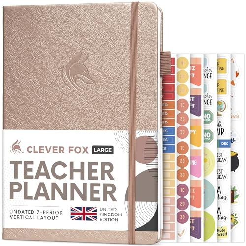 Clever Fox Teacher Planner UK Edition School & Homeschool Book Rose Gold | UK schedule & holidays, 18 x 25cm, undated, heavy-duty hardcover, teacher lesson weekly & daily planner, homeschool supplies