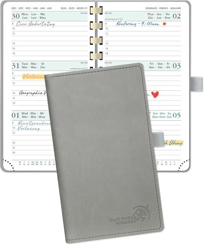 POPRUN Taschenkalender 2025 Klein 16,5 x 9 cm (Aug.2024-Dez.2025) - Kalender 2025 Klein Ringbuch mit Softcover - Terminplaner, Planer 1 Woche 2 Seite mit Kartenschlitz - Grau