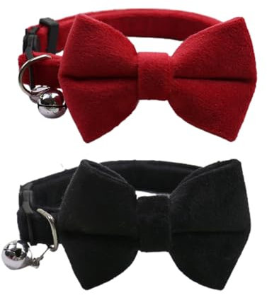 LEEQ Samt Katzenhalsband mit Glöckchen und Fliege,mit Sicherheitsverschluss, verstellbar, für kleine Welpen Sicherheitsfliege einfarbig für Hochzeiten Grundfarbe Katzen-Fliege