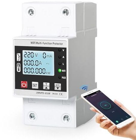 Ailao wlan Stromzähler Hutschiene tuya Smart Meter mit Überspannungsschutz Unterspannungsschutz wifi Circuit Breaker Handy Fernbedienung LCD weiß Hinterleuchteter Bildschirm AC 230V 63A.
