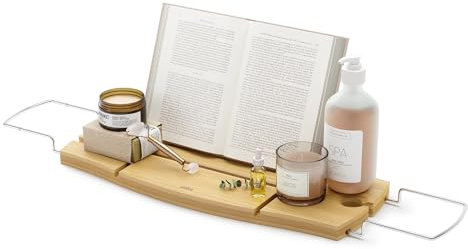 UCK-KIT Rutschfestes Badezimmerregal, hölzernes Badewannen-Caddy-Tablett, erweiterbares Badewannentablett für Badewanne mit Weinhalter-Telefonschlitz,Natural