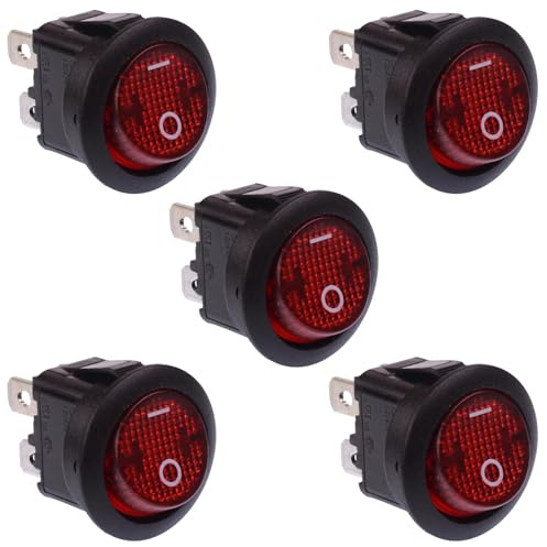 5 x roter Ein-Aus-Wippschalter, 230 V, beleuchtet, rund, DPST, 10 A