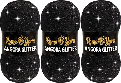 Rome Yarn Angora Glitter | 3 x 100g | Glitzerwolle | Wolle mit Glitzer | Metallic Simli Garn zum Stricken und Häkeln & Kleidung Effektwolle Strickwolle (940 Schwarz)