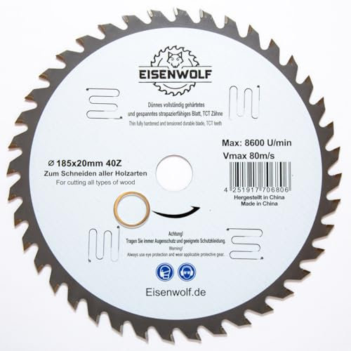 Lama per sega circolare, 185 x 20 mm, per legno con 40 denti TCT inclinati e tagli laser per ridurre il rumore