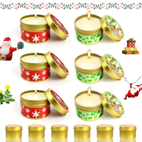 Weihnachts Duftkerzen Geschenkset, 6 Stück Weihnachtskerzen Geschenkset, Tragbare Kerzen in Blech Gläsern, Weihnachts Advent Geschenkset für Frauen, DIY mit Glückssymbolaufklebern, ohne Duft