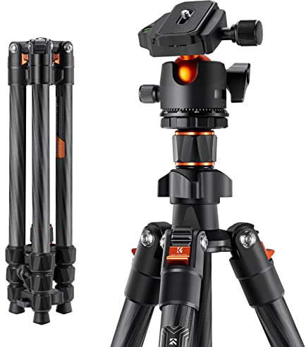 K&F CONCEPT Treppiede per Fotocamera Portatile in Fibra di Carbonio per Viaggi, Testa a Sfera Girevole a 360 Gradi, Colonna Centrale Reversibile, per Appassionati di Fotografia