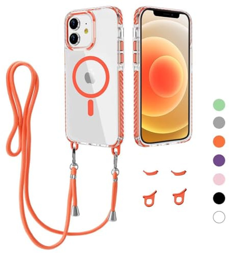 Beajew Magnetic Case for iPhone 12/iPhone 12 Pro Case, with Adjustable Phone Lanyard Neck Strap, Full Body Bumper Case Compatible with Magnetic, Clear Slim Shockproof Case, Orange