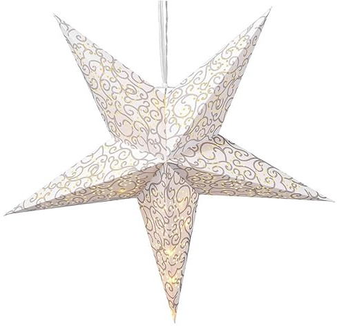 Bambelaa! Faltbarer Advents Leucht Papierstern, Weihnachtsstern mit 15 warmweißen LEDs und Timer zum Hängen aus Papier mit 50 cm Zuleitung ca. 60 cm Weiß