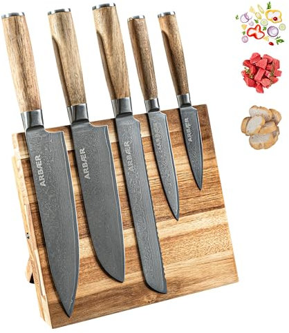 Arbaer Messerset mit Block, 6-teilig – 67 Lagen Damaststahl – Griff aus Olivenholz – Kochmesser, Santoku-Messer, Brotmesser, Universalmesser und Schälmesser in Geschenkbox