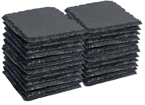 Argon Tableware Square Slate Coasters - 10cm - 24 Piece Drink Coasters Black Stone Natural Slate Smooth Edge Drink Mat Cup Mats for Kitchen, Bar, Restaurant, Weddings, Events