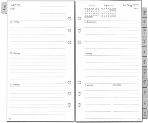 2025 2026 Wochenplaner Einlage Personal A6, 6 Löcher, Deutsch, 1 Woche 2 Seiten mit Tabs, Extra Notizen Kontakt, Aug.25 bis Jul.26, 95x171mm, 100 gsm, Nachfüllung für Kalender 2025 2026 Planer