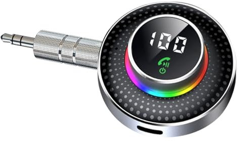Bluetooth 5.3 Receiver for Car, Bluetooth 3.5mm AUX Adapter Hands-Free Calls with LED Battery Display RGB Ambient Light Wireless Audio Receiver for Car/Home Stereo Wired Headphones Speaker