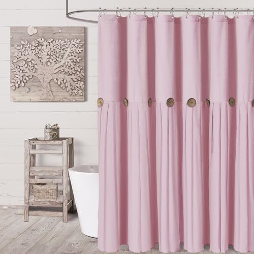Awellife Cortina de ducha rosa con botones, tela tejida texturizada, estilo rústico, 72 x 72 pulgadas