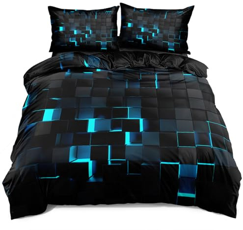 VOGIAY Schwarz Blau Quadrate Bettwäsche 135x200 Bettwäsche Set für Kinder und Teenager Bettbezug für Jungen und Mädchen mit 1 Kissenbezug 80x80, Mikrofaser Bettwäsche Sets, Bequem und Hautfreundlich