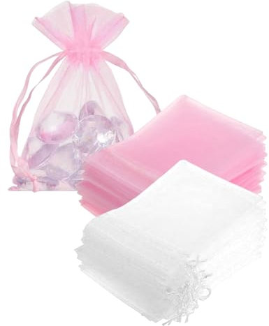 TPZORJX 50 sacchetti regalo rosa e bianco, 8 x 10 cm, sacchetti in organza sacchetti regalo piccoli in organza di lavanda, piccoli sacchetti per regali avvolti per gioielli con coulisse