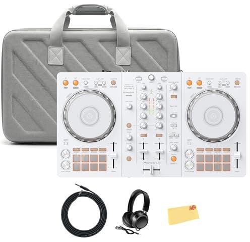 Pioneer DJ DDJ-FLX4 2-K-DJ-Controller – Weißes Bundle mit Tragetasche, Kopfhörern, Instrumentenkabel und Austin Bazaar Poliertuch