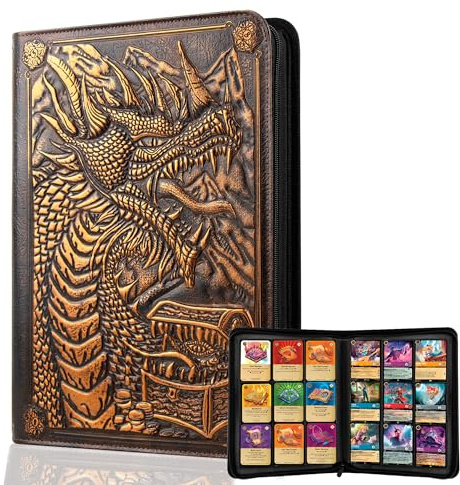 SogYupk Trading Card Binder 9 Taschen Alben mit Reißverschluß 3D PU Leder geprägte Drachenkartenbücher 360 Seite Laden Sammelkartenspiel Album für TCG MTG Pokmon Lorcana (Rotes Kupfer)