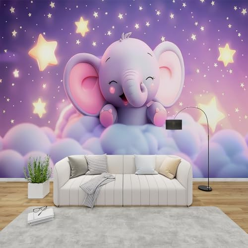 PaxGloz Fototapete Baby Elefant Tapete Sterne Wolken Tapeten Vliestapete Modern Wandtapete Wohnzimmer Schlafzimmer Kinderzimmer Wanddeko Motivtapeten 200 x 140 cm (B x H)